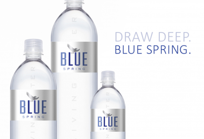 Three sizes of Blue Spring Water. To the side are the words, "Draw Deep. Blue Spring."